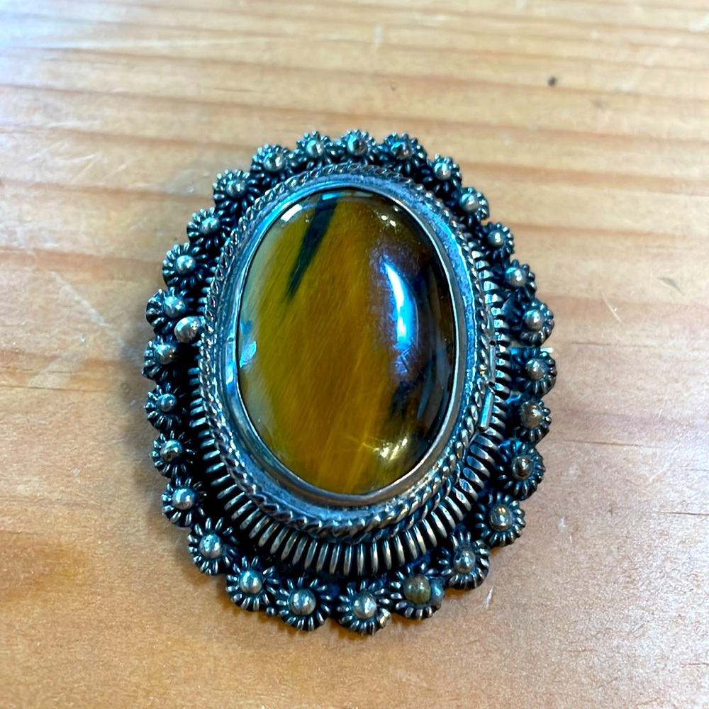 Vintage Tiger eye silver Brooch, pin, locket from Mexico